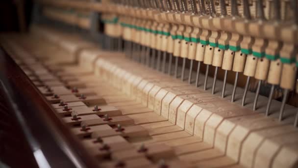 Zbliżenie Mechanizmu Muzycznego Fortepianu Wewnątrz Starego Fortepianu Przed Strojeniem Przestrzeń — Wideo stockowe