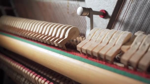 钢琴锤在里面的特写 鼓起了弦的开口机构 复制空间 — 图库视频影像