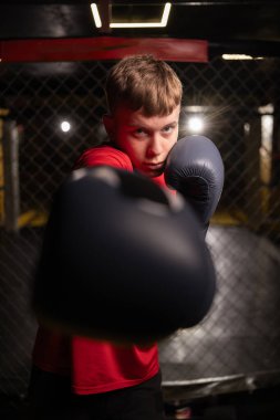 Spor salonunda boks eldivenli genç bir adamın portresi, yakın plan. Boşluğu kopyala