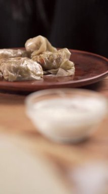Ev yapımı lahana yiyen, ekşi kremalı bir kadın. Uzayı kopyala Geleneksel Ukrayna mutfağı kavramı