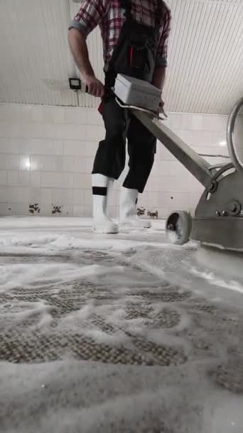Male Worker Cleaning Carpet Chemical Foaming Carpets Cleaning Professionally Disk — Stock Video