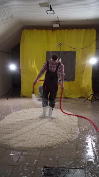 专业地毯清洗和清洗 干洗工人在压力下用水洗地毯 复制空间 — 图库视频影像