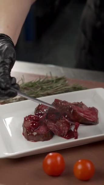 Chef Garnish Grilled Beef Steak Served Cherry Sauce White Plate — Stock Video