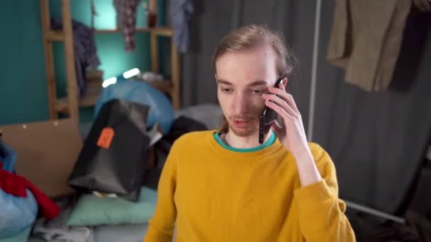 Student Studying Messy Room Young Man Talking Mobile Phone Mountain — Stock Video