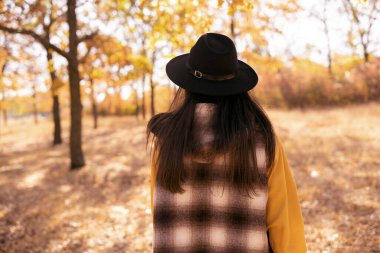 Sonbahar ormanında yürürken şapkalı ve sıcak yelekli genç bir kadının arka görüntüsü. Düşen yapraklarla parkta yürü. Boşluğu kopyala