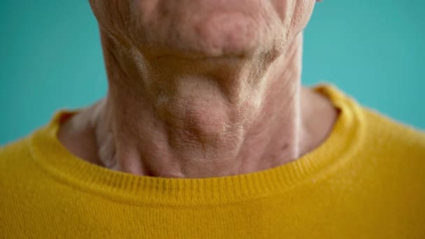 Close Elderly Man Swallowing Adams Apple Larynx Throat Process Swallowing — Stock Video