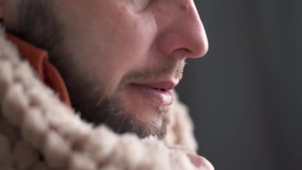 Covered Plaid Bearded Man Freezing Feeling Cold Home Having Fever — Video