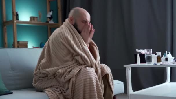 Sick Illness Man Sneezing Blowing Nose Napkin Home Healthcare Flu — Stock Video
