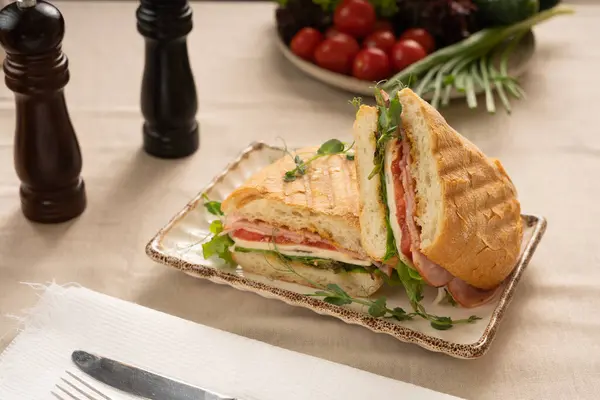 stock image Two sandwiches with meat and cheese, lettuce and tomatoes between slices of grilled bread served on plate in restaurant or cafe. Copy space