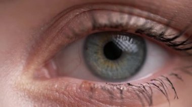 Yanıp sönen kadın gözü. Gözün makro görüntüsünü yakın çekim. Açık mavi gözlü genç bir kadın ve kirpikli bir Mascara. Boşluğu kopyala