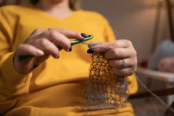 stock image Girl knitting at home, close-up. Handmade zero waste. Hobby, knitting and needlework. Closeup