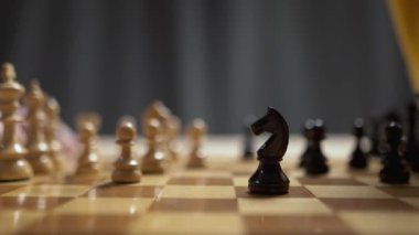 Satranç taşı şövalyesi. Erkek oyuncu silahı güverteye koyuyor. Tahta satranç taşları. Yakın plan.