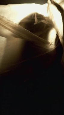 Kadın şeffaf bir filme sarılmış bir duman bulutunda duruyor, elleriyle polietilen 'e dokunuyor, ezici düşünce ve duyguların akışını sembolize ediyor. Işık ve gölgeler sahnenin dramını güçlendirir