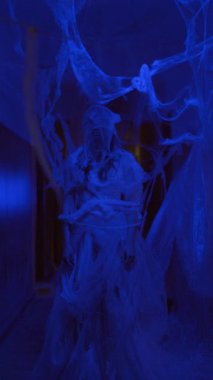 Cadılar Bayramı festivali konsepti, örümcek ağındaki kadın hayalet, mavi ışıktaki gelin zombi karakteri, korku filmi. Dikey video