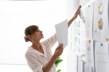 Üzerinde yapışkan notlar, planlama ve beyin fırtınası olan bir ofis. Yeni proje ve çalışan, iş dünyasında çalışan yenilik stratejisti. Beyaz tahtanın yanında belgelerle çalışan iş kadını.