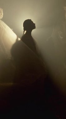Kadın şeffaf plastik film arasında karanlıkta dalgın bir atmosfer yaratıyor. Boşluğu kopyala