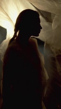 Şeffaf plastik çarşaflar ve polietilen film arasında duran kadın silueti, çevre kirliliği kavramını temsil ediyor.
