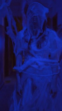 Örümcek ağlarına dolanmış hayalet gelin tüyler ürpertici mavi ışıkta duruyor. Ölülerin bayramı mistik bir kavram. Dikey video