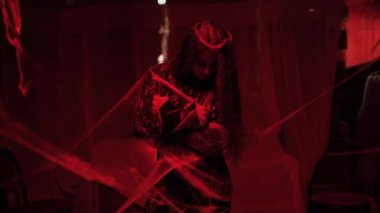 Art, geceleri örümcek ağındaki gerçek gotik fantezi kadın. Koyu renk siyah elbise. Kırmızı ışıktaki kız vampir. Cadılar Bayramı konsepti