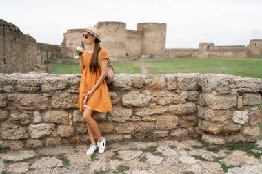 Yazlık kıyafetli turistler, sıcak bir akşamda bir şatonun manzarasına hayran kalarak antik bir kalenin duvarında dikilerek kokteylden keyif alırlar..