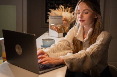 Genç kafe sahibi, rahat kafesinde dizüstü bilgisayarla çalışıyor. Kafe müdürü internette geziniyor ve sohbet ediyor. Boşluğu kopyala