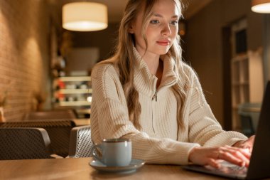 Geceleri rahat bir kafede otururken dizüstü bilgisayarda çalışan tatlı sarışın serbest çalışan bir kadın. Boşluğu kopyala