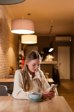 İnsanlar, teknoloji ve rahatlatıcı konsept. Kafede çay içen ve kışın cep telefonu kullanan genç bir kadın. Boşluğu kopyala