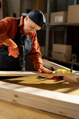 Bayan Carpenter atölyesinde çalışarak kereste bloğuna delik açıyor. Stüdyoda mobilya montajı yapan bir kadın. Elektrikli matkap kullanan ahşap ustası. Boşluğu kopyala