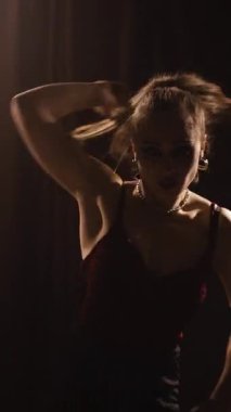Akşam ışığında dans eden kadın dans pistinde dumanla striptiz yapıyor. dikey video