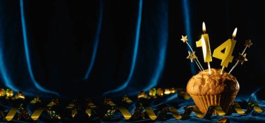 14 'üncü yaş günü partisi yaklaşıyor. Kadife mavisi arka planda on dört numaralı mumu olan çikolatalı kek. Pankart, metin için boşluk.