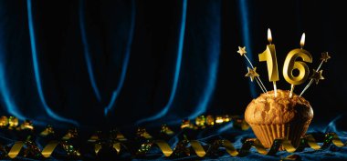 16. yaş günü partisi yaklaşıyor. Kadife mavisi arka planda on altı numaralı mumu olan çikolatalı kek. Pankart, metin için boşluk.