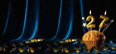 Yaş partisi 27. yaş günü. Kadife mavisi arka planda 27 numaralı mumu olan çikolatalı kek. Pankart, metin için boşluk.