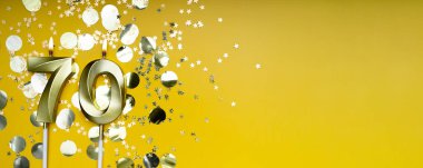 70 'inci yaş günü. 70 numaralı altın kutlama mumu. Sarı renkli arka plan. Doğum günü ya da yıldönümü kutlaması kavramı. Pankart. Boşluğu kopyala