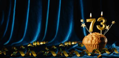 73 numaralı altın kutlama mumu ve küçük yıldızlar parlak mavi kadife arka planda tatlı kek içinde. Doğum günü ve yıldönümü kutlaması kavramı. Pankart. Boşluğu kopyala.