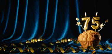 75 numaralı kutlama mumu ve küçük yıldızlar parlak mavi kadife arka planda tatlı kek içinde. Doğum günü ve yıldönümü kutlaması kavramı. Pankart. Boşluğu kopyala.