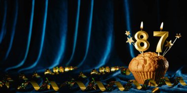 87 numaralı kutlama mumu ve parlak mavi kadife arka planda tatlı kek içinde küçük yıldızlar. Doğum günü ve yıldönümü kutlaması kavramı. Pankart. Boşluğu kopyala.