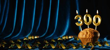 300 takipçi kartı. Sosyal ağlar ve bloglar için. Mavi kadife arka planda üç yüz numaralı mumlu şenlikli kek. Takip kartı. 300 online topluluk hayranı ve abonesi. Pankart