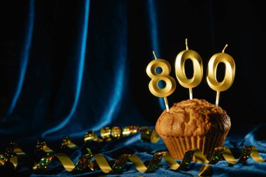 800 takipçi kartı. Sosyal ağlar ve bloglar için. Mavi kadife arka planda 800 numaralı mumlu şenlikli kek. Takip kartı. 800 online topluluk hayranı ve abonesi. Boşluğu kopyala