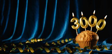 3000 takipçi kartı. Sosyal ağlar ve bloglar için. Mavi kadife arka planda üç bin numaralı mumlu şenlikli kek. Takip kartı. 3000 online topluluk hayranı ve abonesi. Pankart