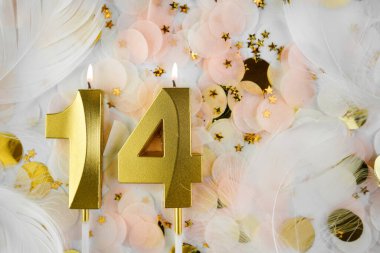 Altın Mum ve Konfeti ile 14. doğum günü kutlaması. Pastel renkli konfeti, altın yıldız şekilleri ve beyaz tüy arkaplan arasında altın rakamlı on dört yaş günü mumu..