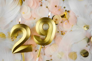 Altın Mum ve Konfeti ile 29. Doğum Günü Kutlaması. Pastel renkli konfeti, altın yıldız şekilleri ve beyaz tüyler arasında altın rakamlı 29 yaş günü mumu..