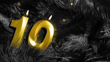Kara Tüy 'ün arka planında 10 numaralı doğum günü mumu. Onuncu yıl. Doğum günü ve yıldönümü konsepti. Boşluğu kopyala