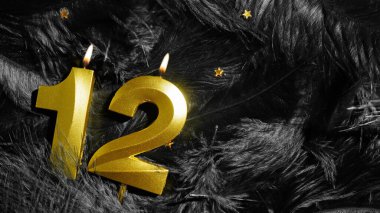 12 numaralı doğum günü mumu Kara Tüyler Arkaplanında. On ikinci yıl. Doğum günü ve yıldönümü konsepti. Boşluğu kopyala