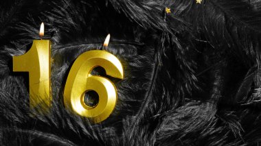 Siyah Tüyler Arkaplan 'da 16 numaralı doğum günü kutlaması mumu. On altıncı yıl. Doğum günü ve yıldönümü konsepti. Boşluğu kopyala