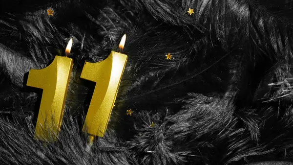 Kara Tüy 'ün arka planında 11 numaralı doğum günü mumu. On birinci yıl. Doğum günü ve yıldönümü konsepti. Boşluğu kopyala