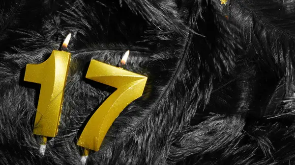 Siyah Tüyler Arkaplanda 17 numaralı doğum günü kutlaması mumu. On yedinci yıl. Doğum günü ve yıldönümü konsepti. Boşluğu kopyala