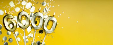 6K takipçi kartı. Sosyal ağlar ve bloglar için. Sarı arka planda 6000 numaralı altın mumlar. Takip kartı. 6000 online topluluk hayranı ve abonesi. Pankart. Boşluğu kopyala