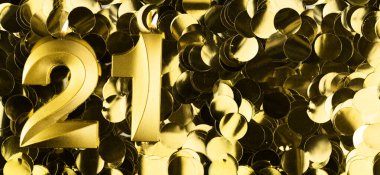 Parlak sarı konfeti arka planında 21 numaralı mum. Yirmibirinci yaş günü, yıldönümü ya da kutlama için şölen arkaplanı. Metin için yeri olan parlak tebrik kartı.