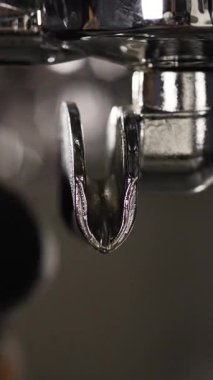 Kahve makinesinden fincana kahve dökülüyor. Cafe sıcak Espresso yapıyor. Filtre tutacağı kullanılıyor. Taze kahve akıyor. Sabahları kavrulmuş sade kahve içmek. Dikey görüntüler.
