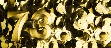 Parlak sarı konfeti arka planında 73 mum. 73. yaş günü, yıldönümü ya da kutlama için şenlik arka planı. Metin için yeri olan parlak tebrik kartı.